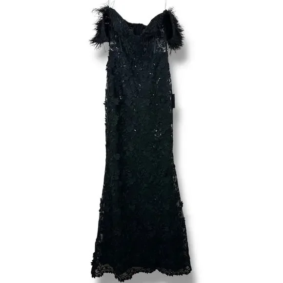 NEW Lulus Midnight Sparkle Black Embroidered Feather Bustier Maxi Dress XS - Picture 5 of 13